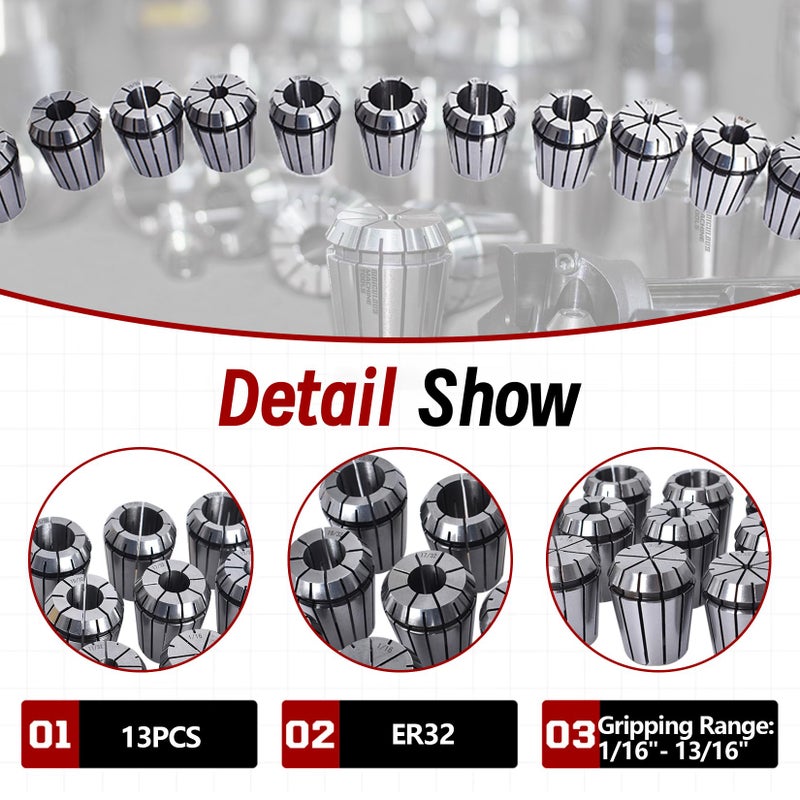 findmall Super Accuracy 13PCS 1/16"-13/16" ER32 ER-32 Collets Set With5/32 9/32 23/32 - Image 4